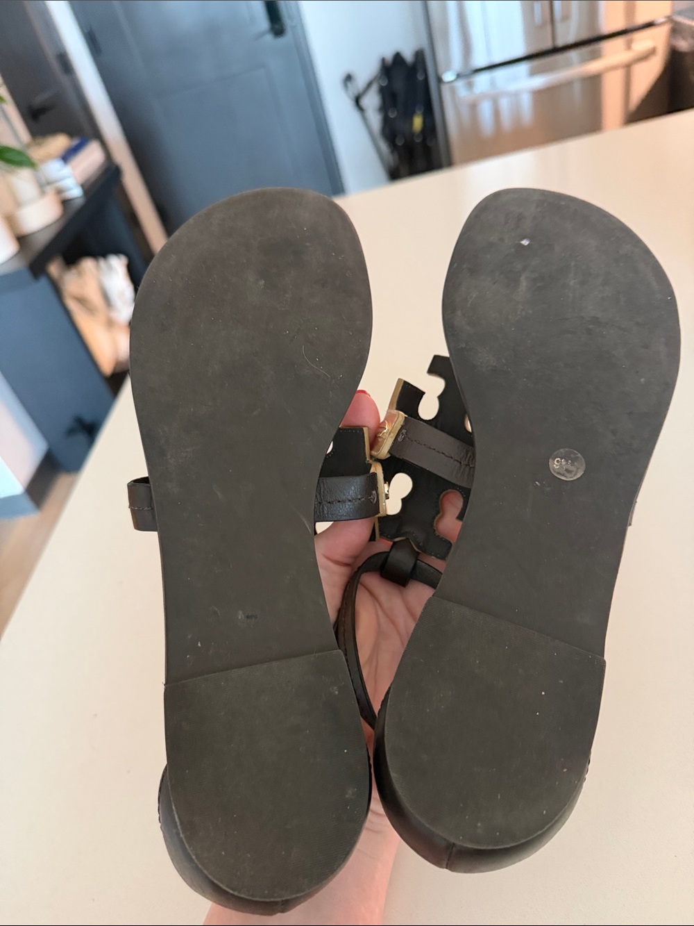 Tory Burch Brown Leather Sandals with Gold Logo Accents w/ dust bag - Picture 7 of 9